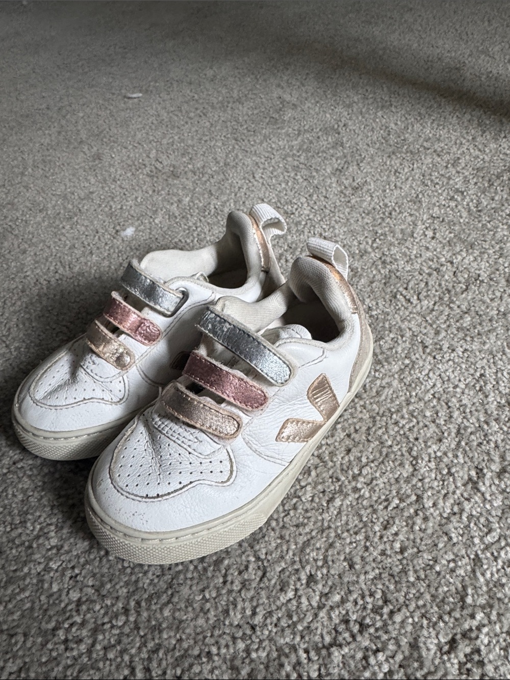 Veja Kids White Sneakers with Metallic Pink & Silver Straps